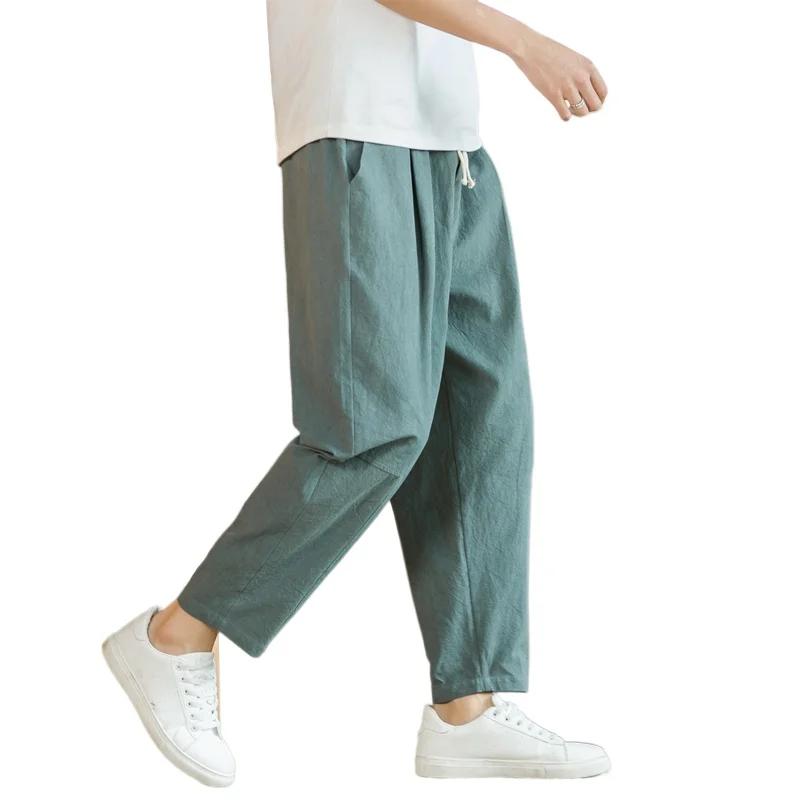 Streetwear hommes coton pantalon décontracté couleur unie pantalons longs respirant cordon pantalon 