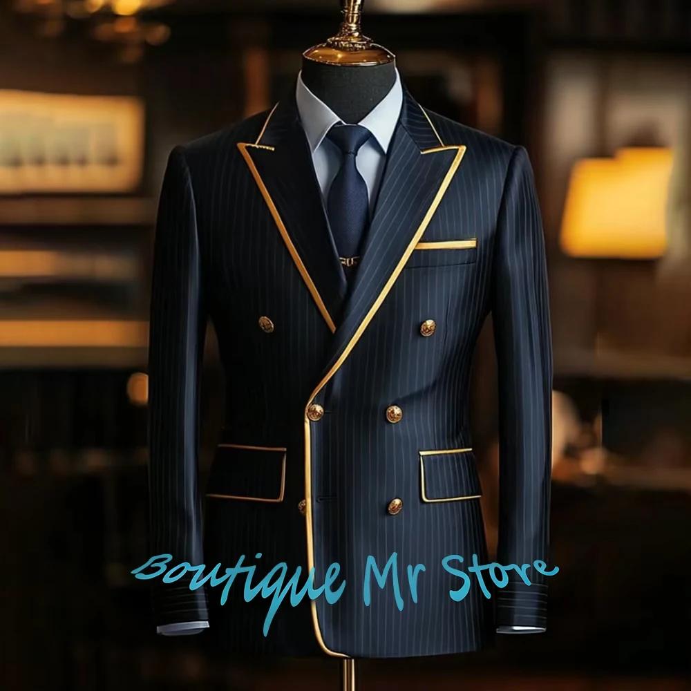 Veste de luxe noire à fines rayures pour homme, blazer à double boutonnage avec coupe dorée, glamour