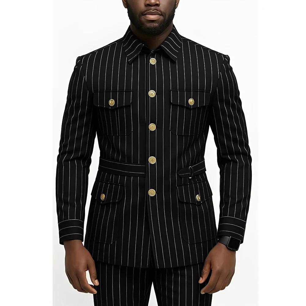 Costume 2 pièces rayé pour hommes, simple boutonnage, design multi-poches, y compris costume et pant