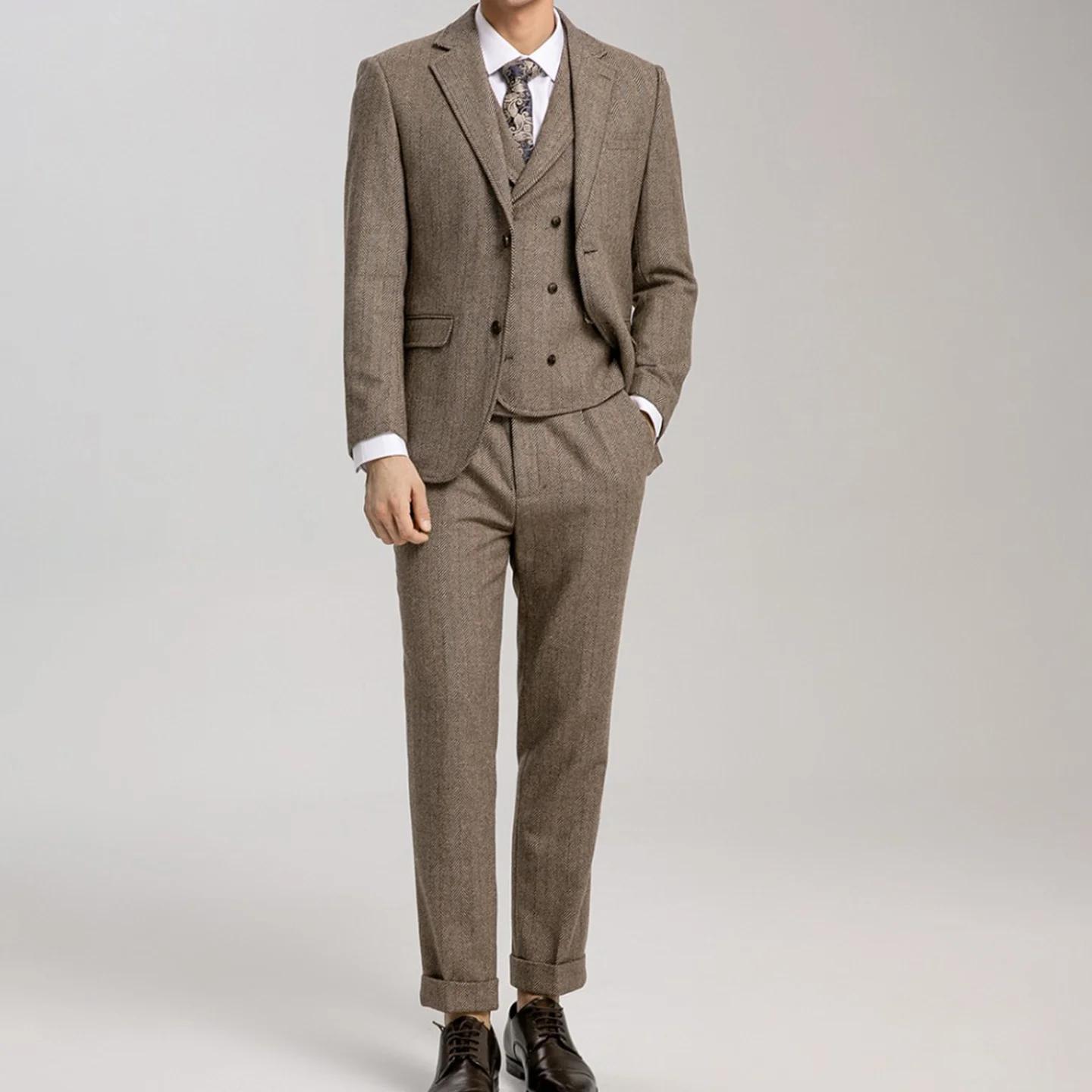Costume de marié de mariage pour hommes, costume trois pièces en laine à chevrons marron rétro, nouv