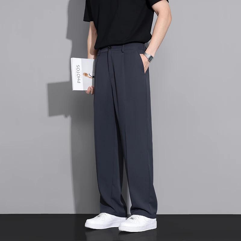 Pantalon de costume beige pour hommes, coupe ample, mode sociale, jambes larges, pantalon droit déco