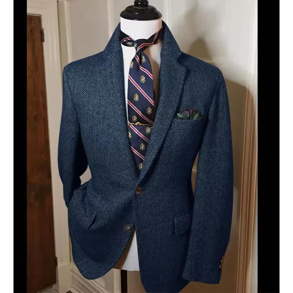 Blazer en tweed à chevrons pour homme, style vintage britannique, coupe ajustée, veste de costume en
