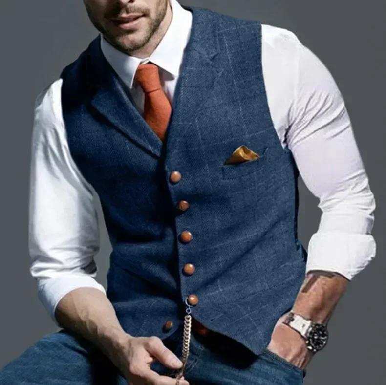 Gilets formels pour hommes costumes en Tweed gilet d'affaires pour hommes revers col en v Plaid Blaz