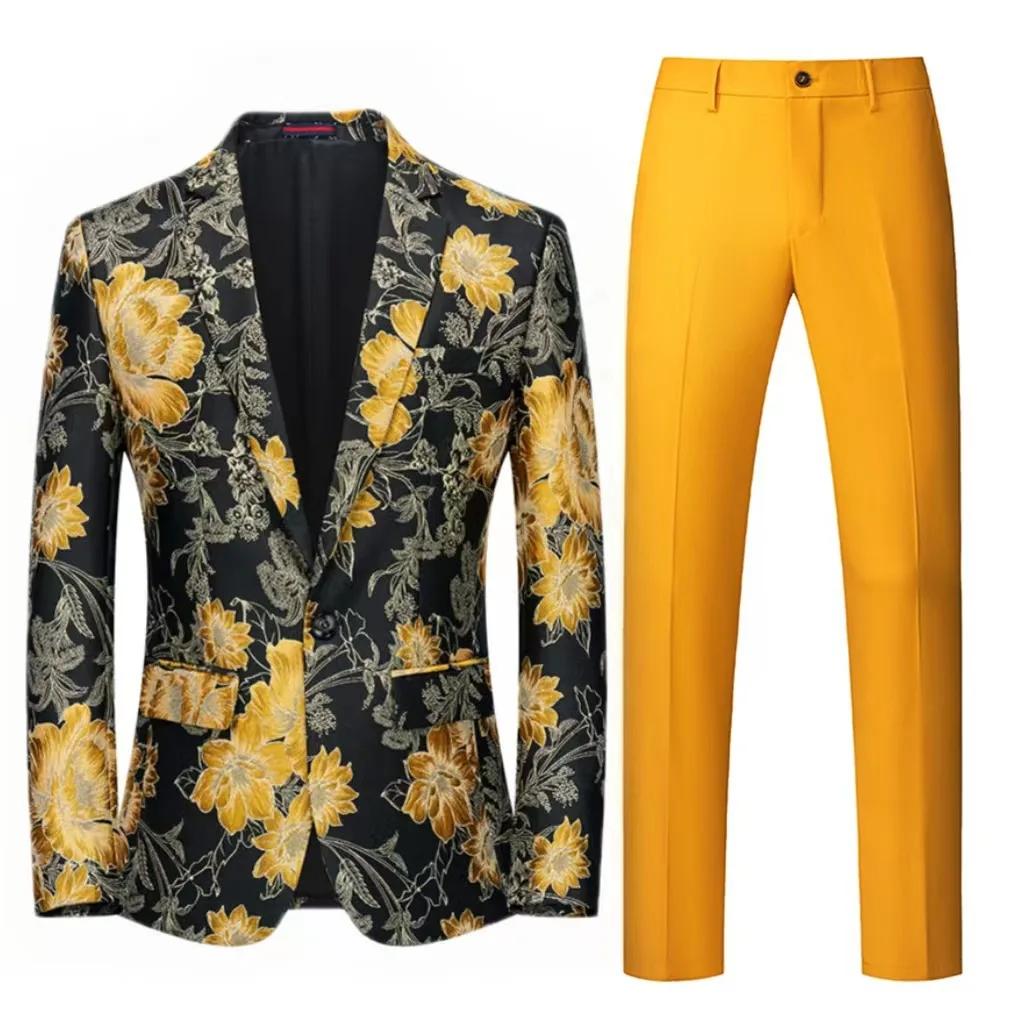 Costume homme 2 pièces, motif floral bleu, un bouton, décontracté, pour mariage, fête d'anniversaire