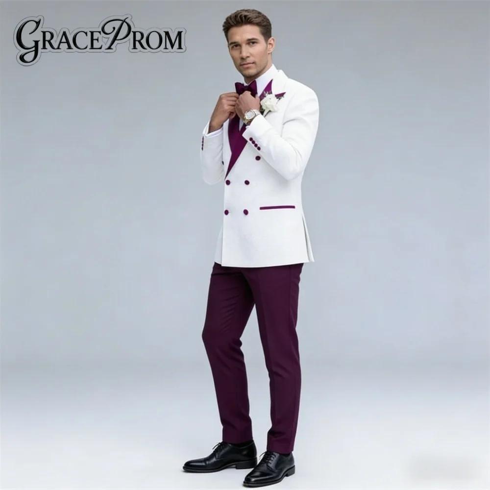 Costume de Mariage Homme Élégant Blanc et Violet avec Revers Châle, Ensemble 2 Pièces (Veste et Pant
