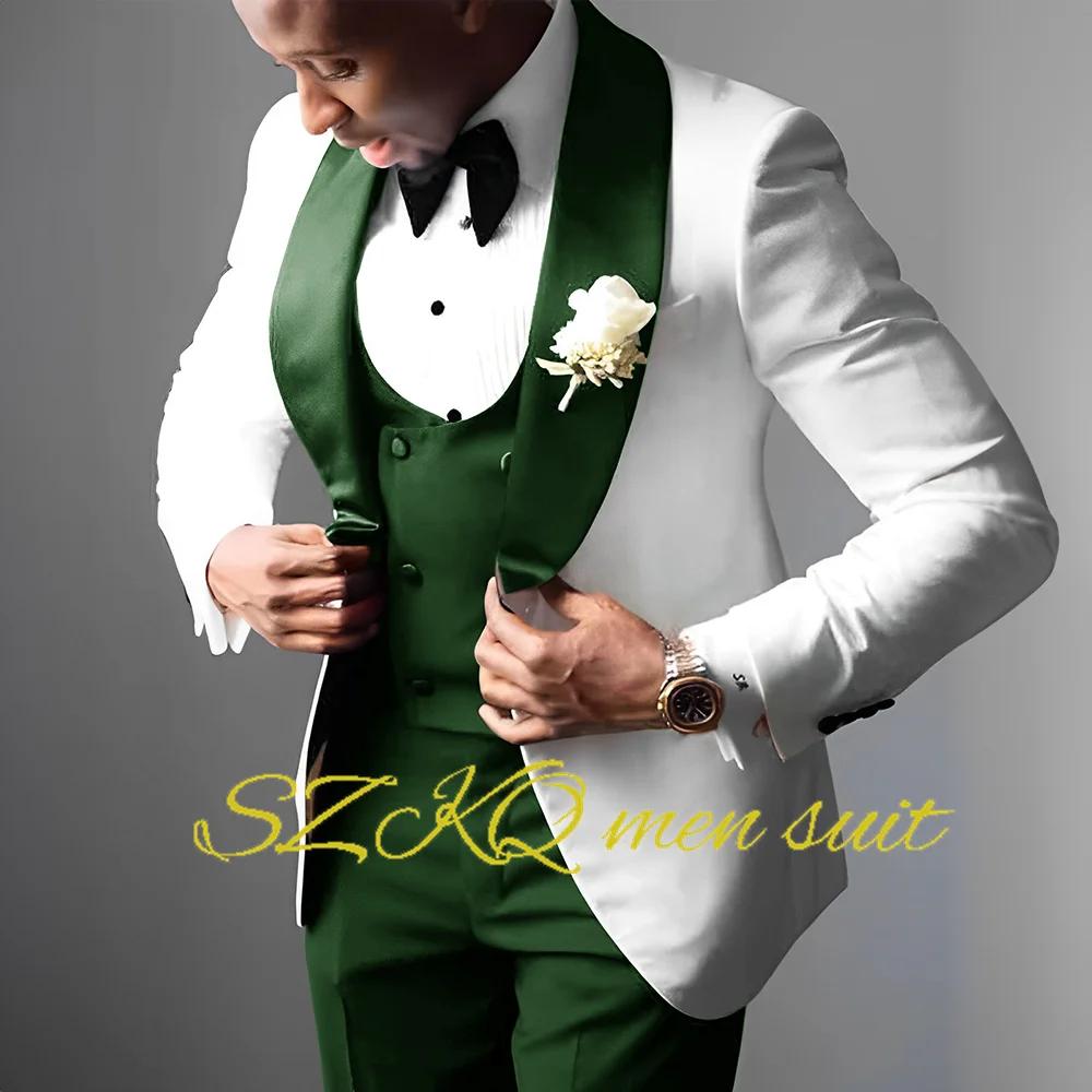 Costume de smoking de mariage blanc pour hommes, élégant, col de fruits verts, veste, pantalon, gile