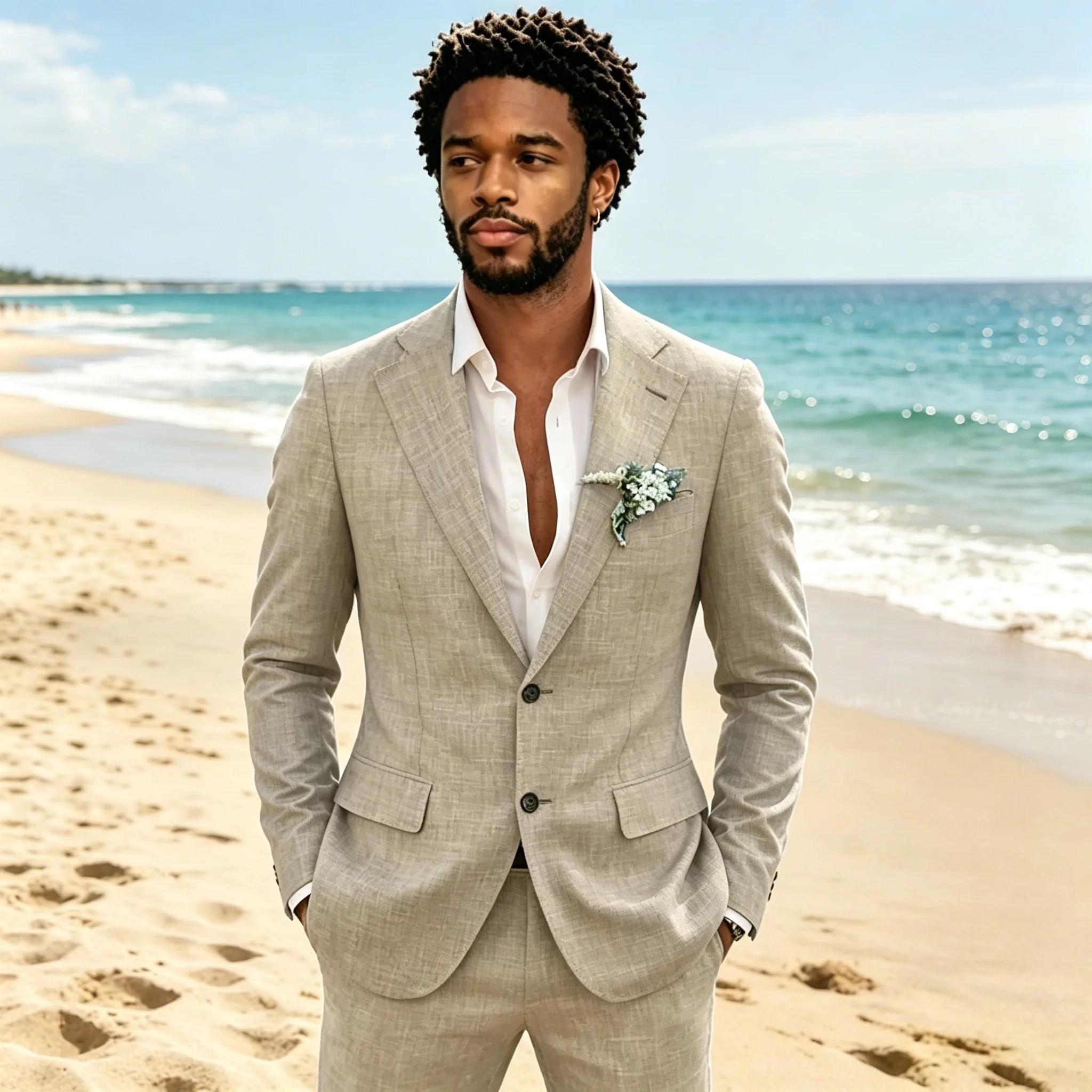 Costume décontracté en lin bleu ciel pour homme, idéal pour les fêtes sur la plage ou les affaires, 