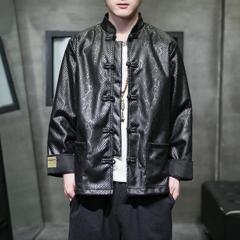 Nouveau Style Chinois Printemps Automne Veste pour Hommes Mode en peau de Serpent Jacquard Daim Velo