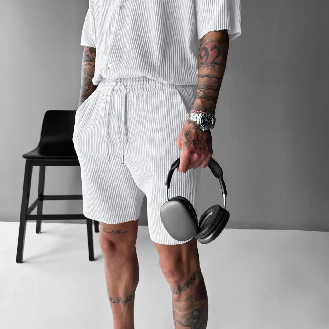 Costume en velours côtelé pour hommes, style décontracté, couleur unie, manches courtes, chemise bou
