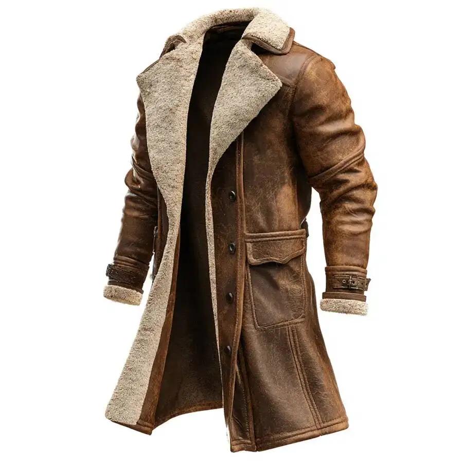 Vestes longues rétro pour hommes, manteau chaud en polaire et cuir PU, vêtements d'extérieur décontr