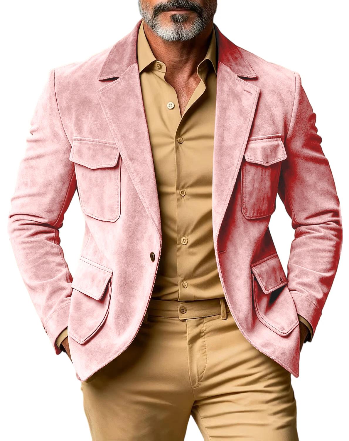 Blazer safari en daim marron pour homme, coupe slim vintage, multi-poches, veste de chasse décontrac
