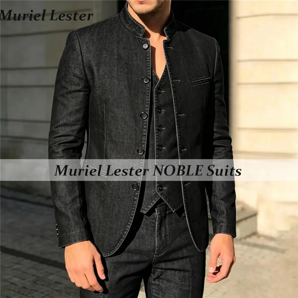 Costume élégant pour homme, ensemble 3 pièces, veste en jean à col montant, gilet, pantalon, costume