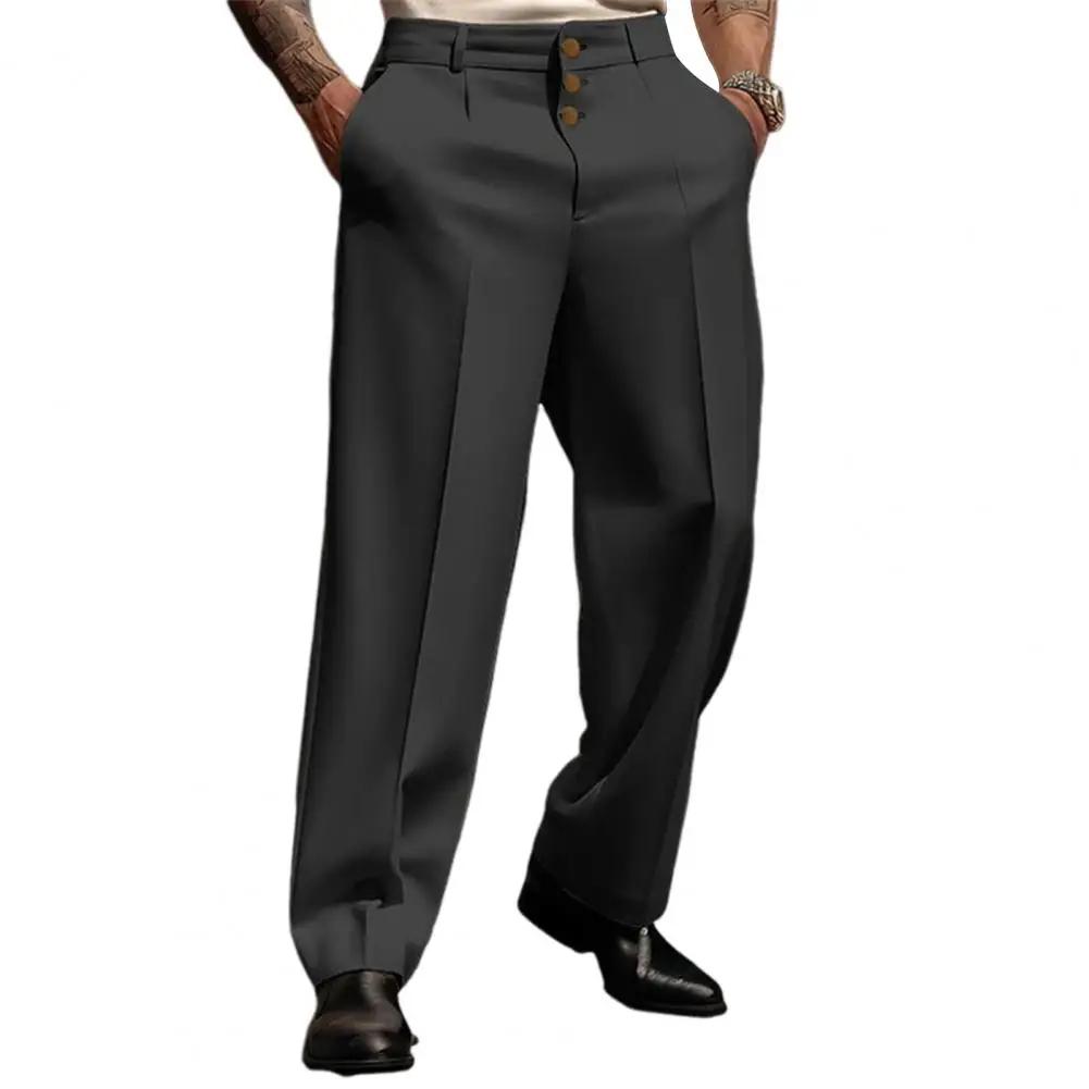 Pantalon de costume élégant pour hommes, avec coupe droite, ample, poches souples, fermeture à bouto