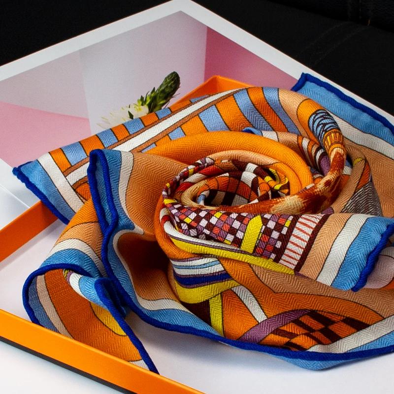 Écharpe carrée 30% soie 70% laine 65*65cm, imprimé artistique géométrique de luxe, châle chaud d'hiv