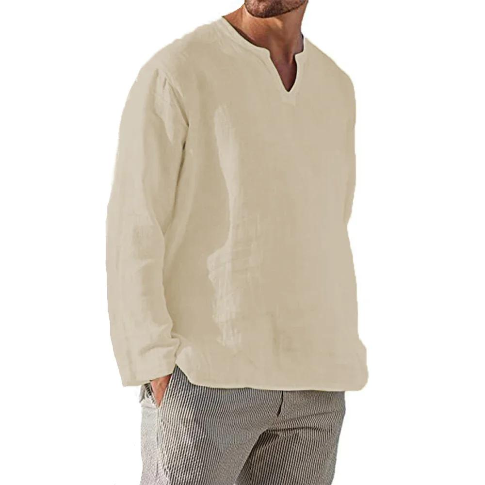 Chemise en coton et lin pour hommes, couleur unie, confortable, manches longues, dessus respirant, c