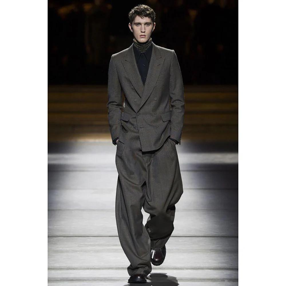 Smoking gris foncé à double boutonnage pour homme, blazer et pantalon, revers Patricia, style décont