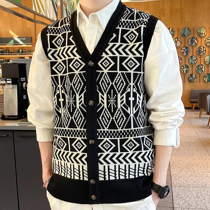 Gilet tricoté pour hommes, col en v, boutonné, veste sans manches, vêtements Y2K, tendance, décontra
