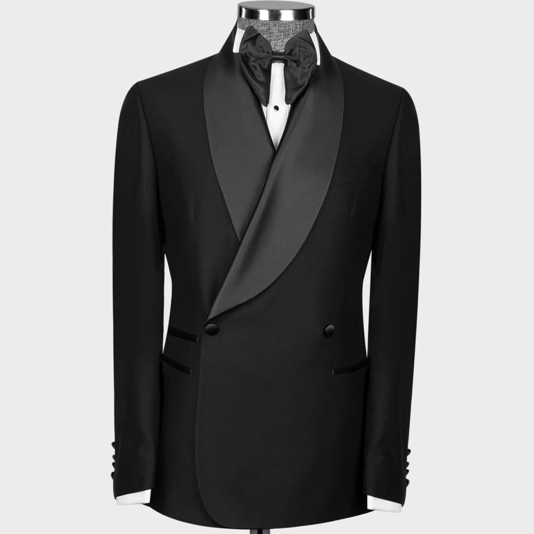 Costume 2 pièces noir pour hommes, avec revers brillant, Double bouton, pour mariage, Banquet, trava
