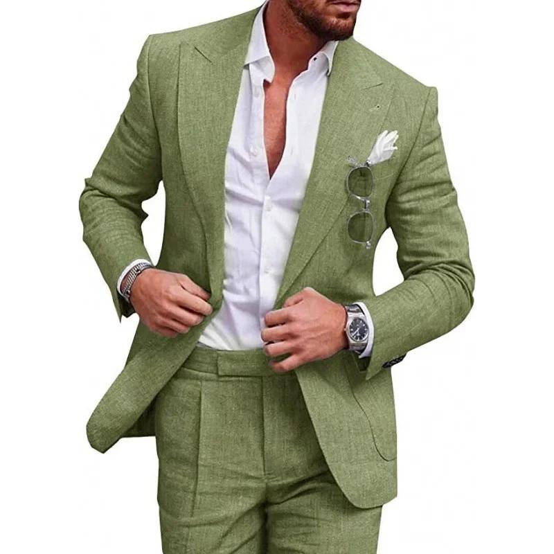 Costume en lin pour hommes pour mariage sur la plage, coupe cintrée, smoking de mariage 2 pièces pou