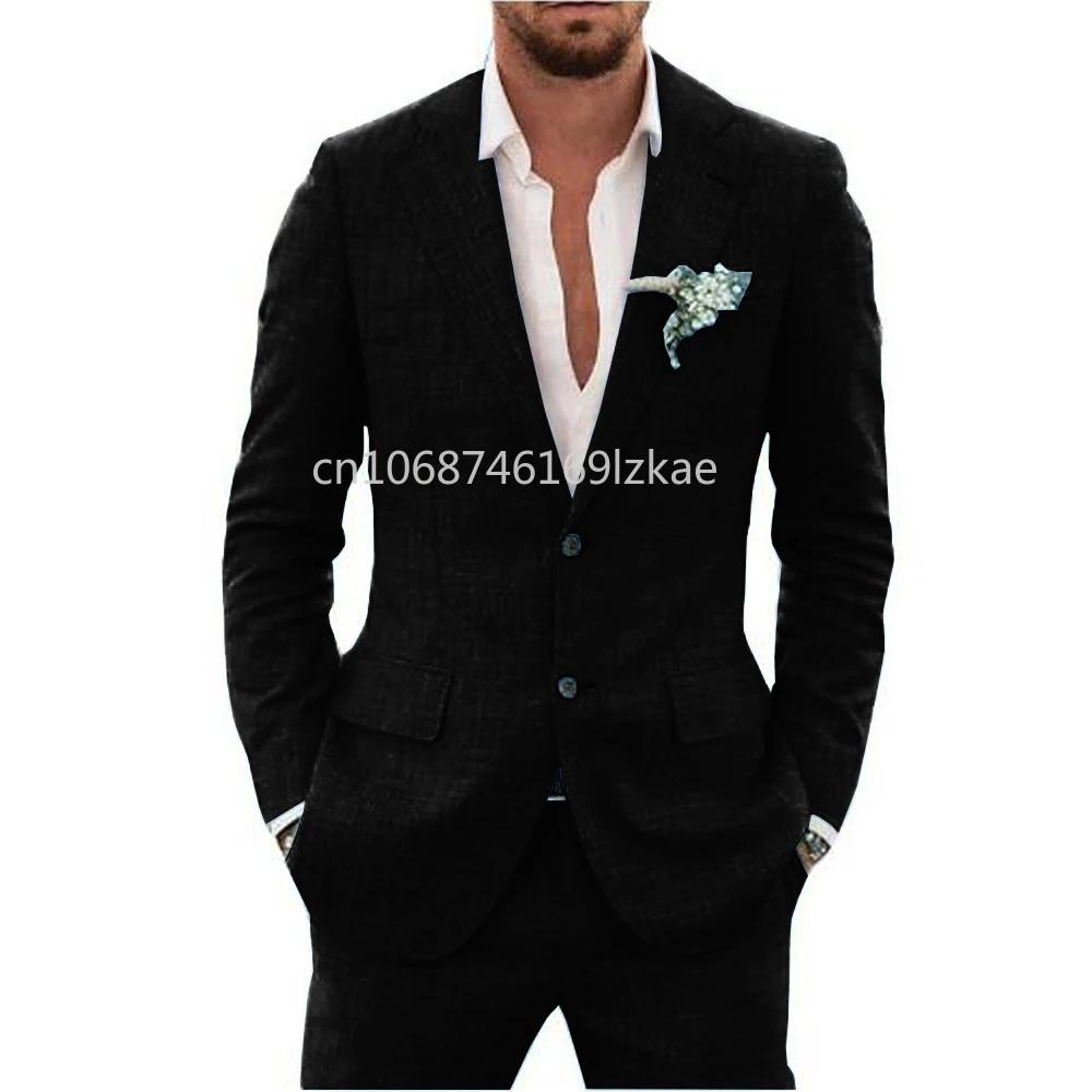 Costume en tissu de lin pour hommes, col à revers imbibé, simple boutonnage, ensemble 2 pièces, blaz