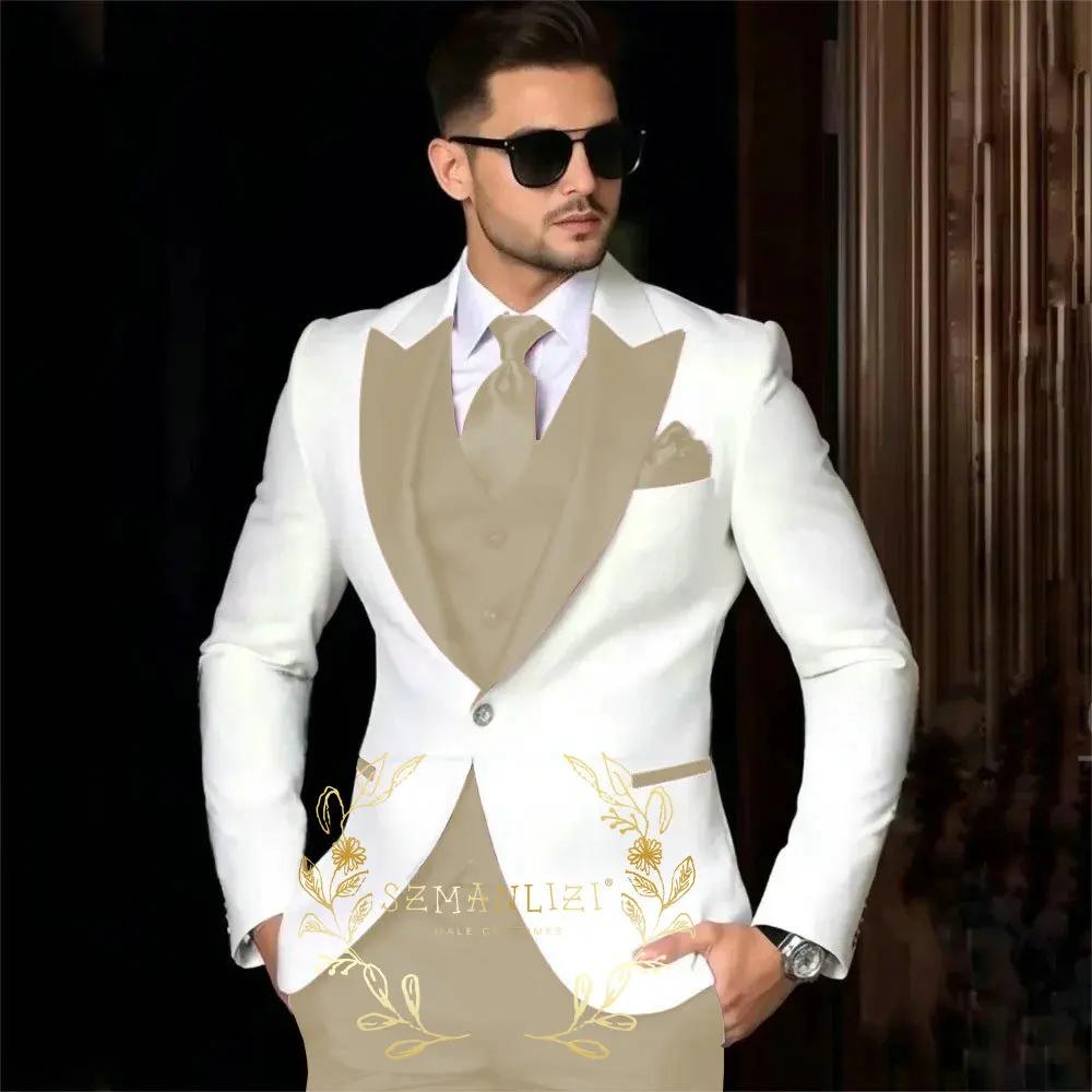 Costumes de luxe pour hommes pour mariage, coupe cintrée à revers, 3 pièces, veste blanche, pantalon