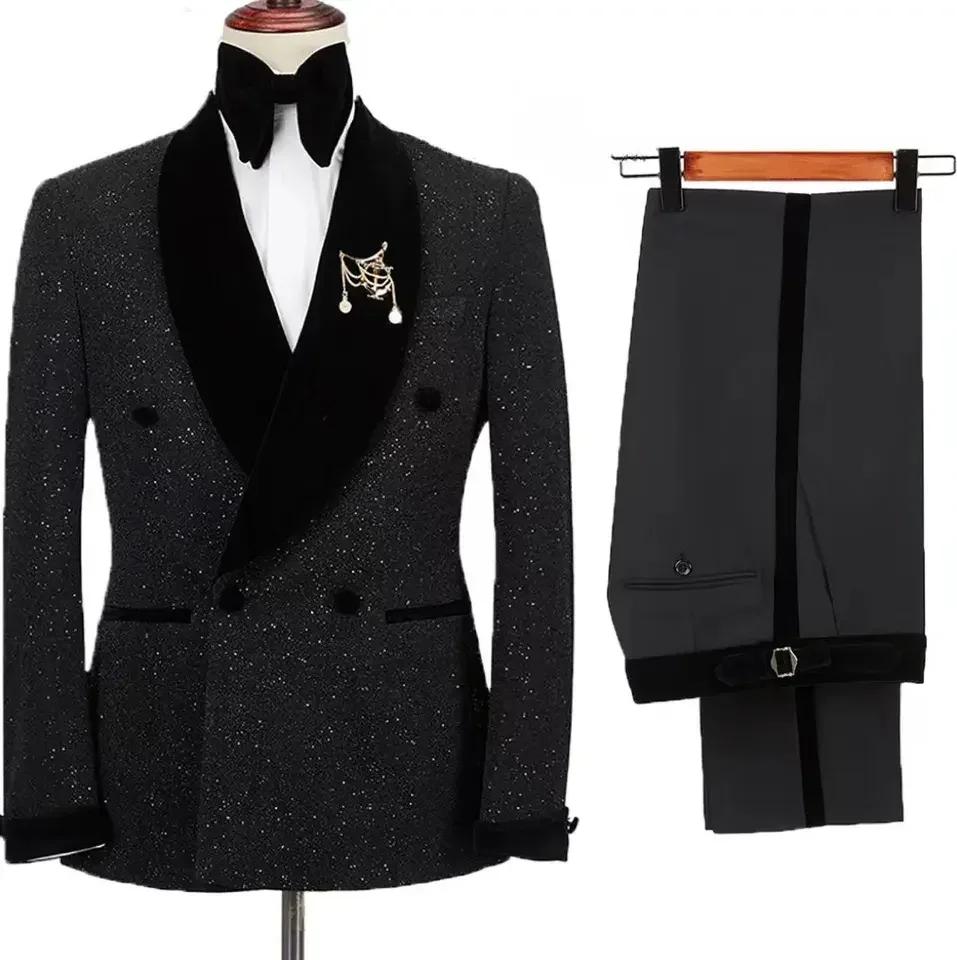 Costumes 2 pièces pour hommes, veste brillante avec pantalon noir, col châle en velours, smokings de