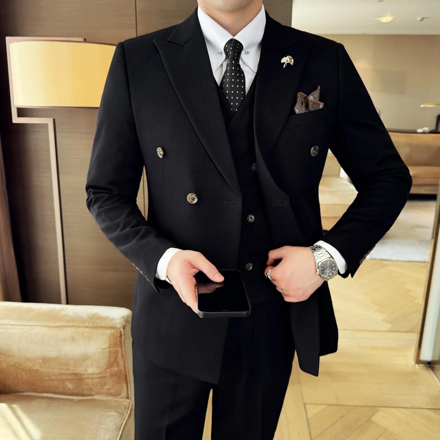 Costume de mariage 3 pièces pour hommes, Double boutonnage, coupe cintrée coréenne, costume d'affair