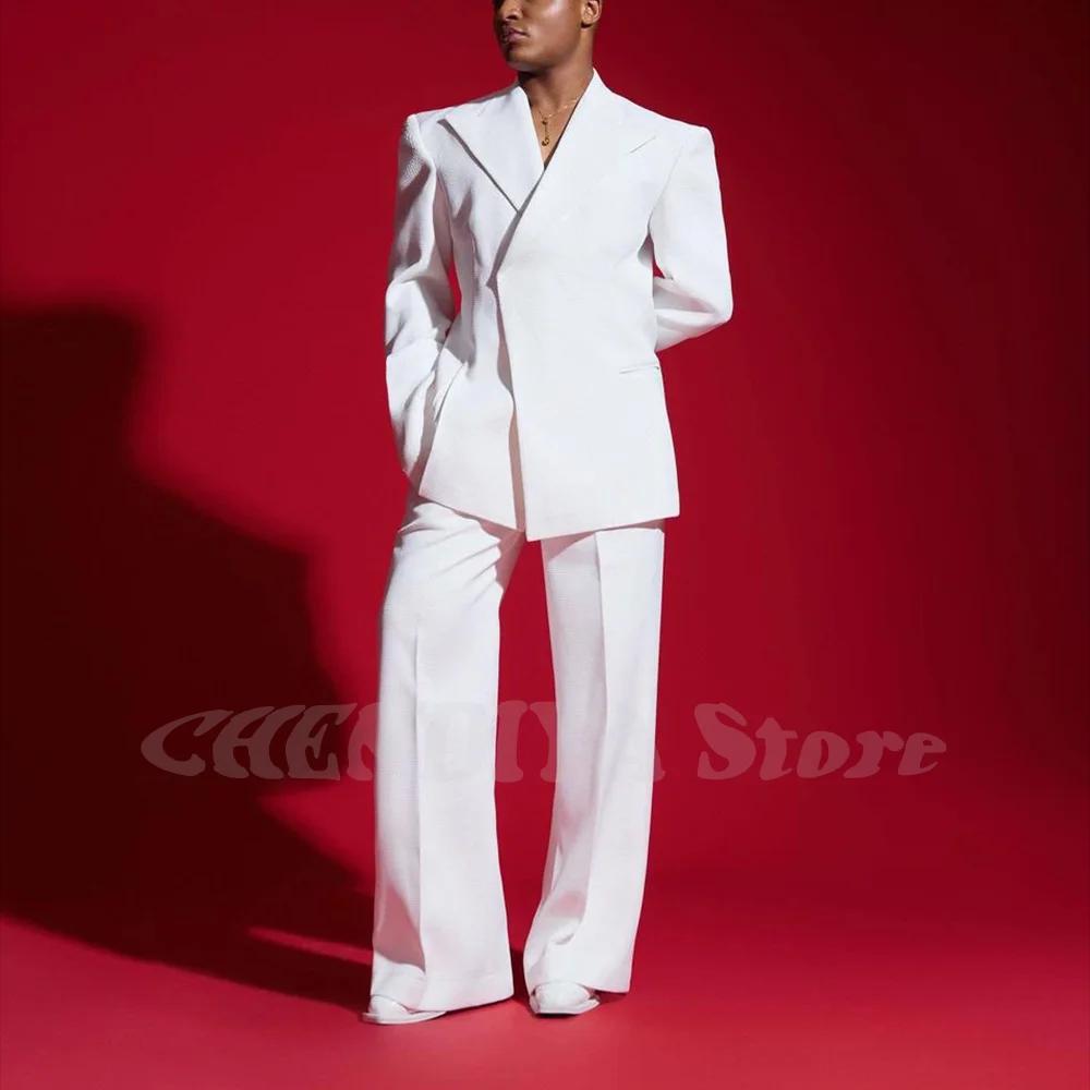 Costume élégant blanc pour homme, revers pointus, vêtements décontractés pour homme, ensemble deux p