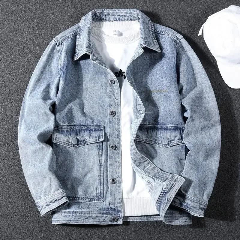 Veste en jean à épaules larges pour hommes, vêtements d'extérieur College gris, vêtements populaires