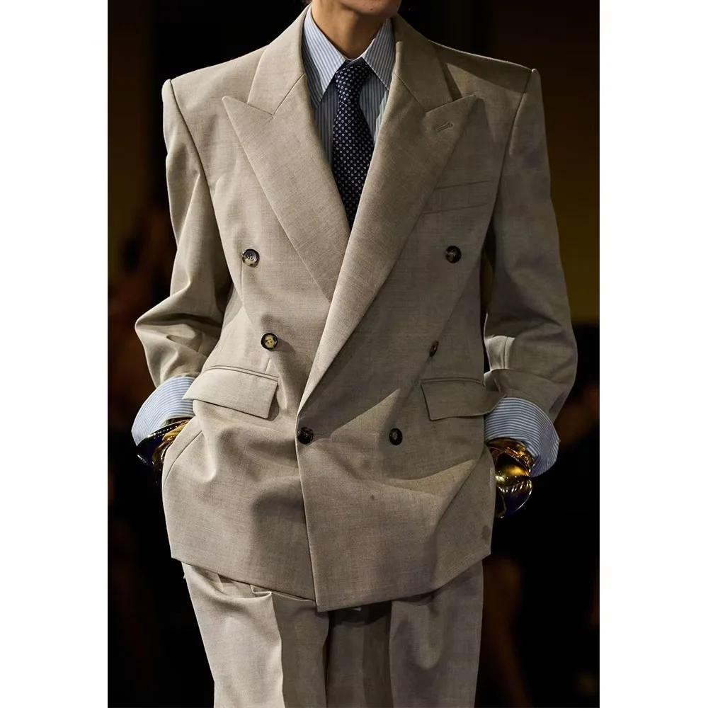 Ensemble de costume en lin pour homme, croisé, 2 pièces, revers pointu, coupe oversize, respirant, d