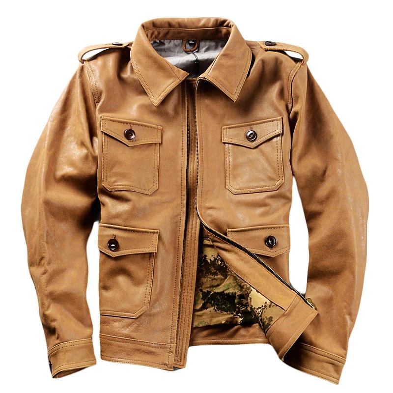 Veste en cuir kaki pour homme, style safari, taille plus 5XL, cuir de vache véritable, col rabattu, 