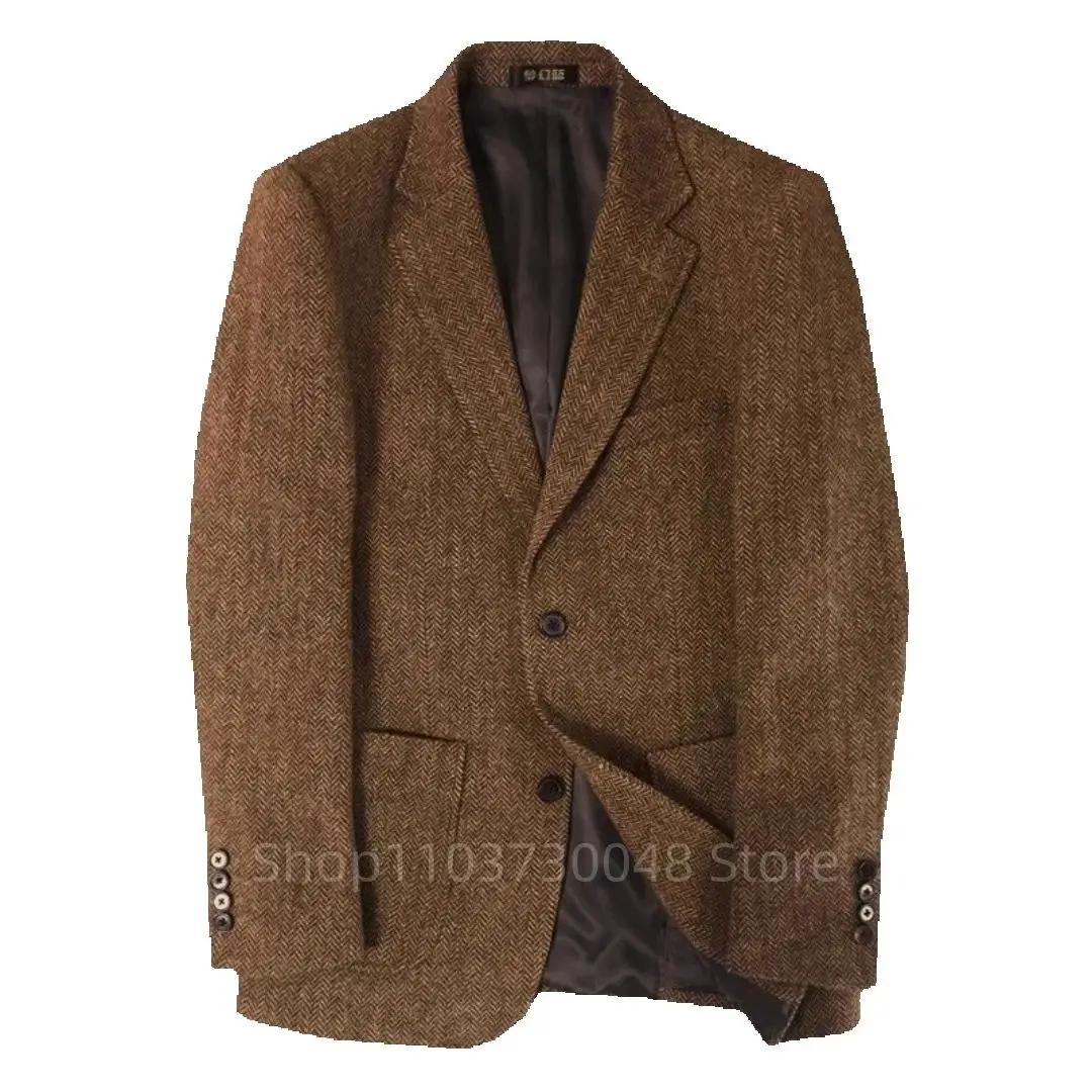 Blazer décontracté marron à chevrons pour homme, revers cranté, deux boutons, veste de costume en la