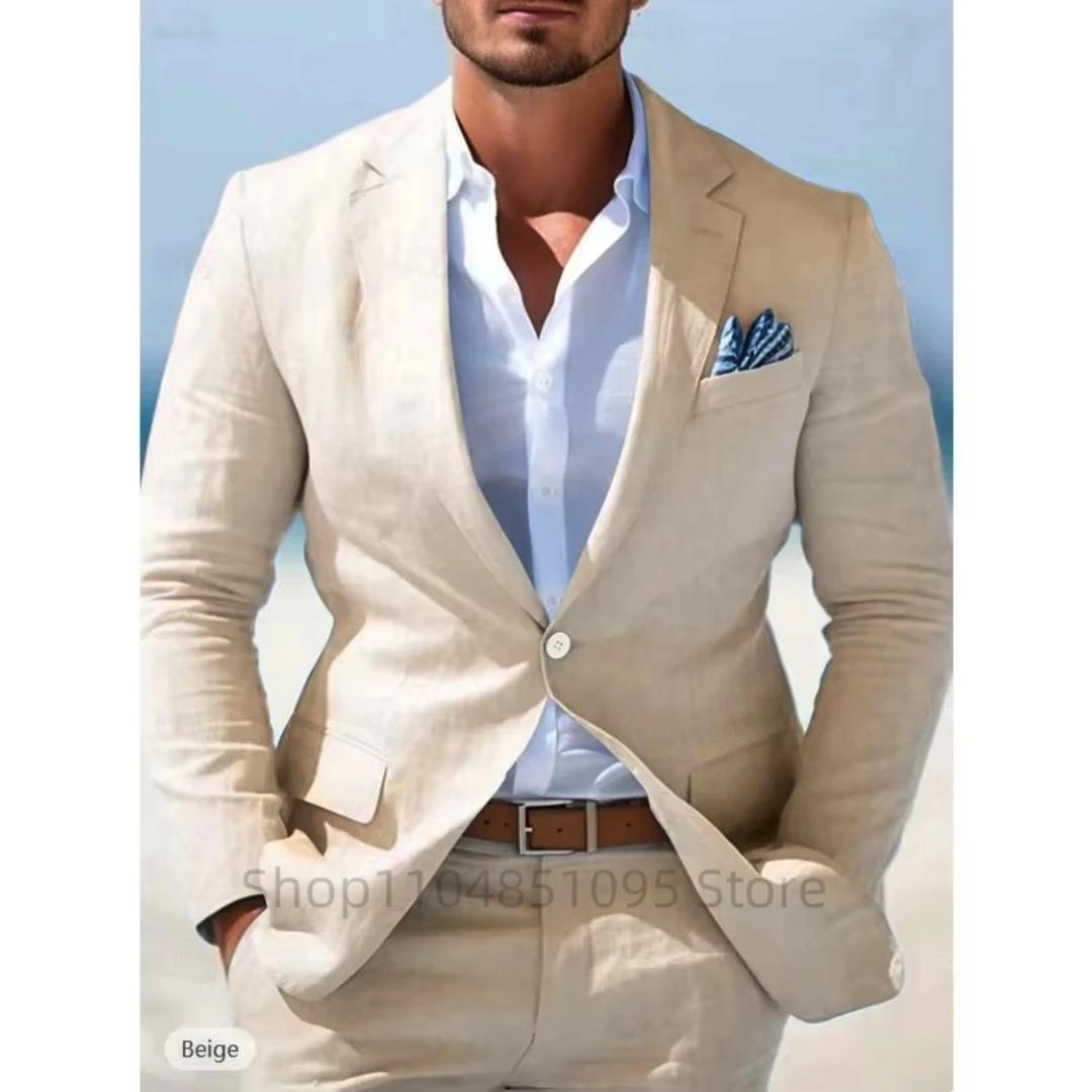 Costumes en lin beige/bleu pour hommes, 2 pièces, coupe slim, meilleurs costumes de mariage pour hom