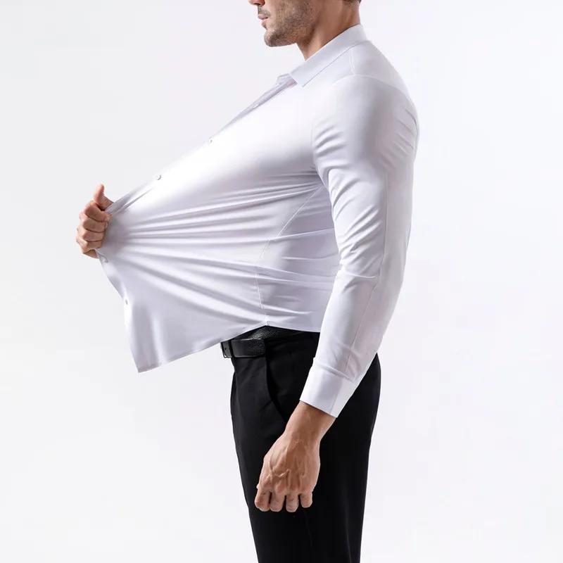 Chemise à manches longues pour hommes, extensible dans les quatre voies, sans fer, soyeuse, commerce