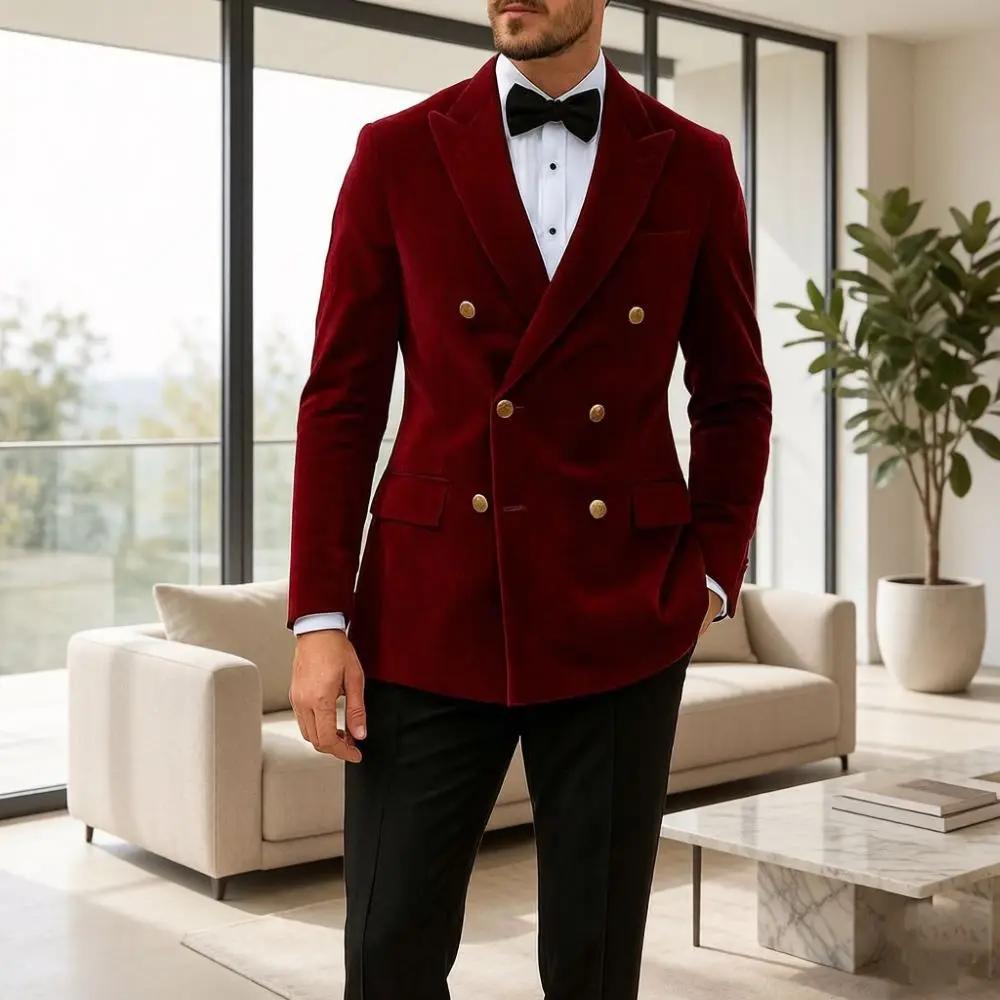 Costumes en velours pour hommes, double boutonnage, coupe ajustée, 2 pièces, smoking de marié, bouto