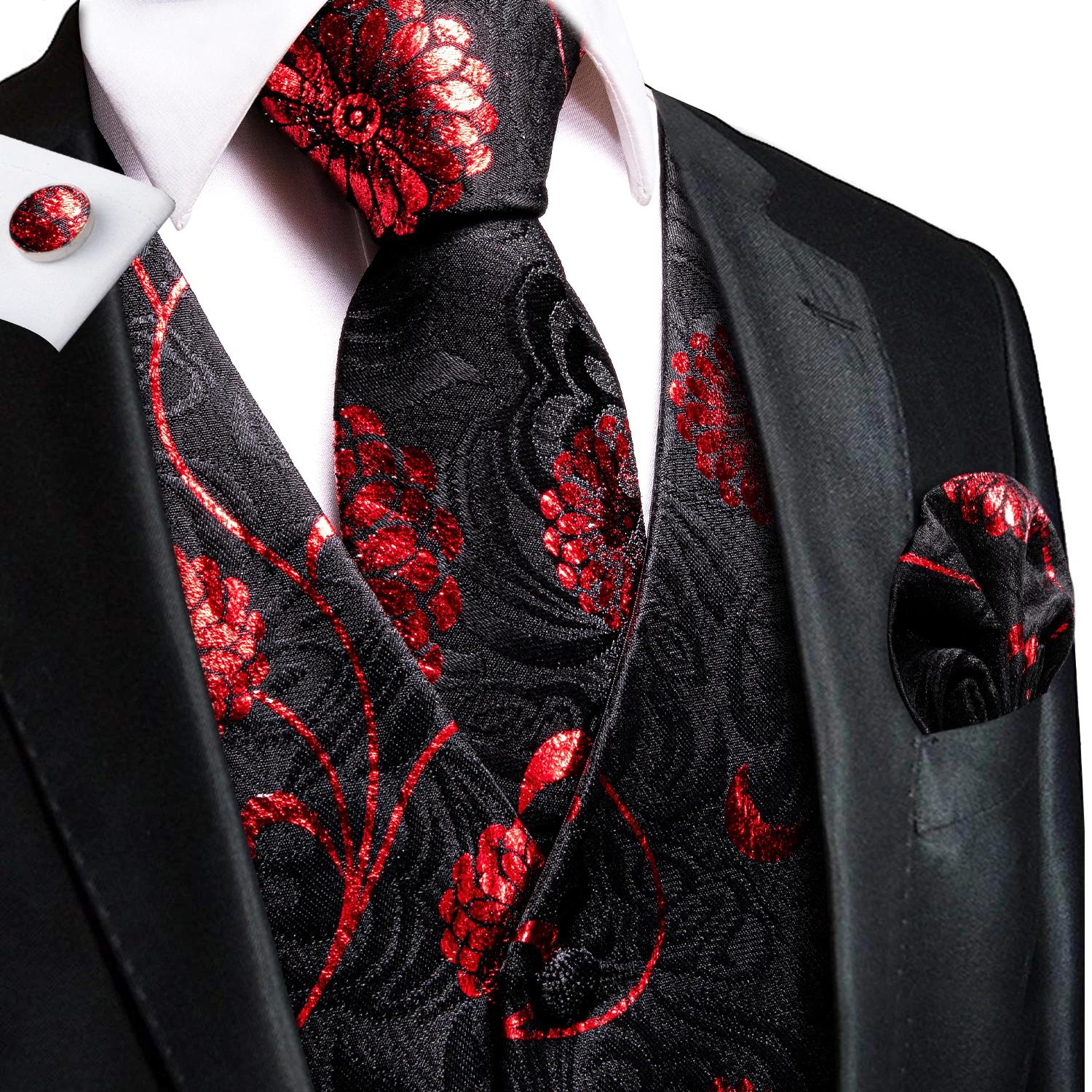 Ensemble de costume pour homme : Gilet, cravate, pochette et boutons de manchette jacquard floral Pa