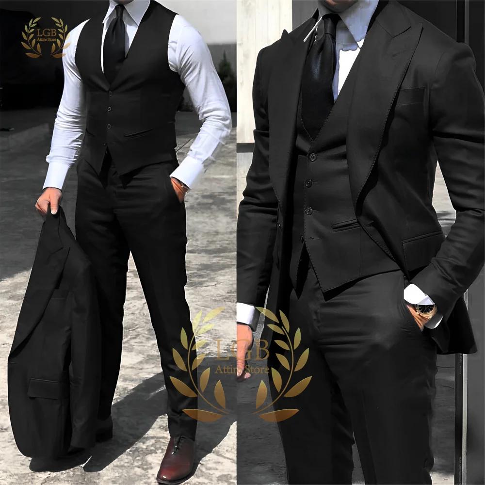 Costume pour homme noir, veste de bureau, pantalon, gilet, ensemble 3 pièces, coupe ajustée, costume