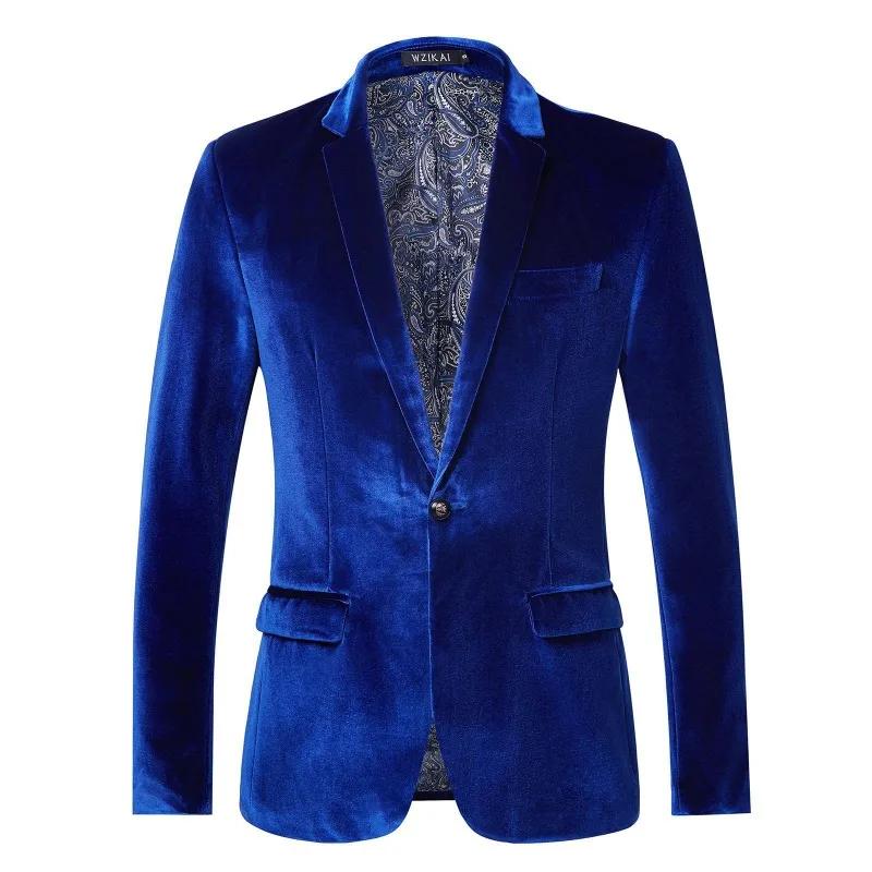 Blazer de luxe en velours pour homme, veste de costume ajustée à un bouton avec doublure cachemire, 