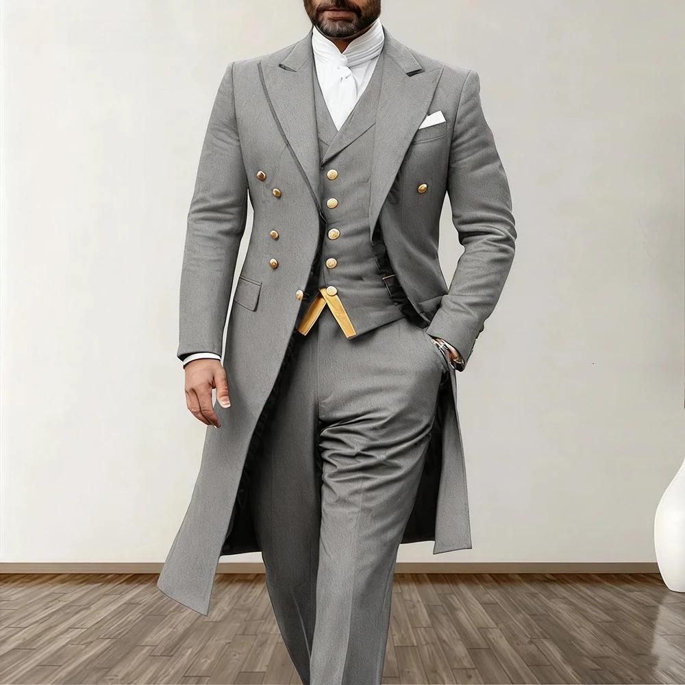Costume de mariage bleu pour homme, 3 pièces, blazer long, gilet, pantalon, satin, un bouton, smokin