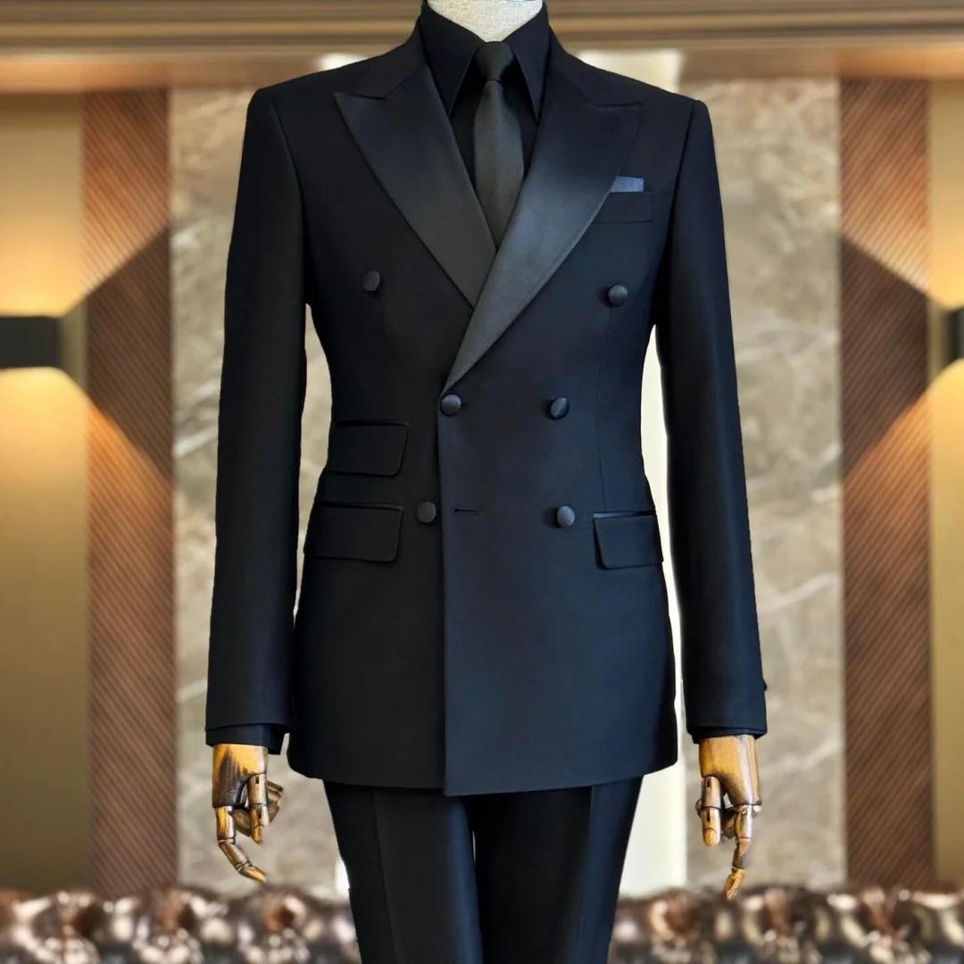 Costume 2 pièces noir pour hommes, avec revers brillant, Double bouton, pour mariage, Banquet, fête 