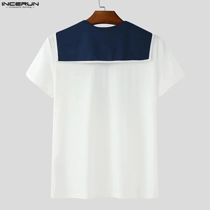 INCERUN hommes t-shirt Patchwork été col marine à manches courtes hommes t-shirt hauts Streetwear 20