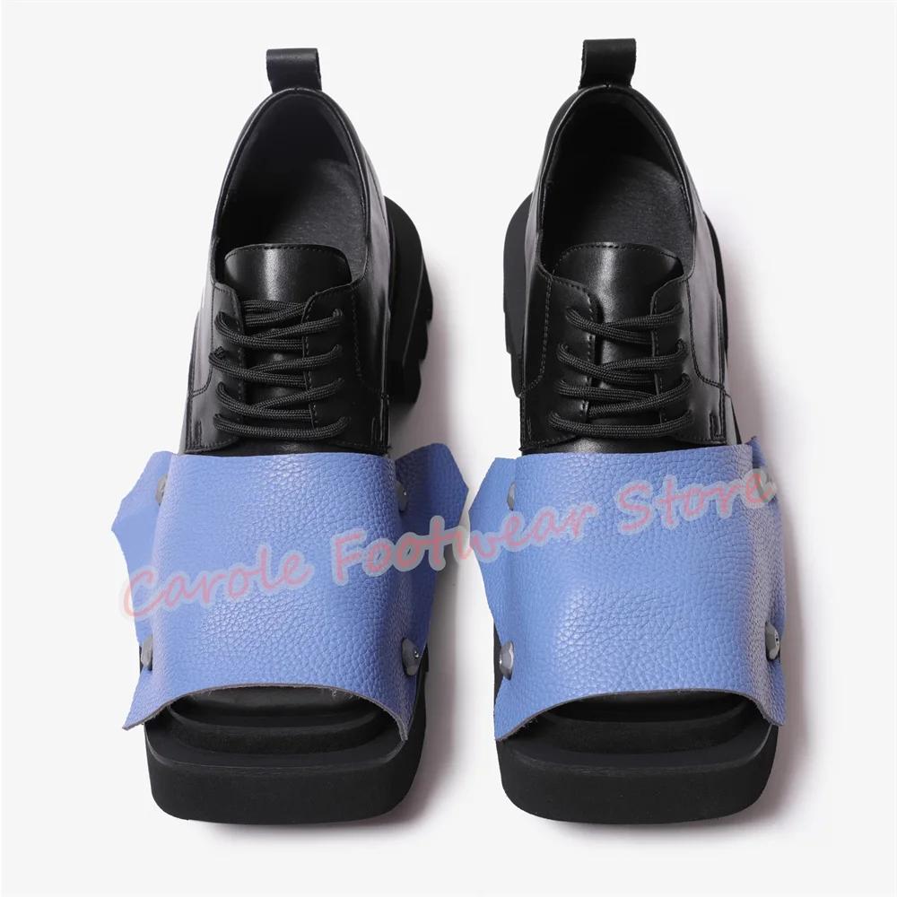 Mode couleur mixte cuir épissage Derby chaussures pour hommes Punk Rivet bout carré talon épais moca