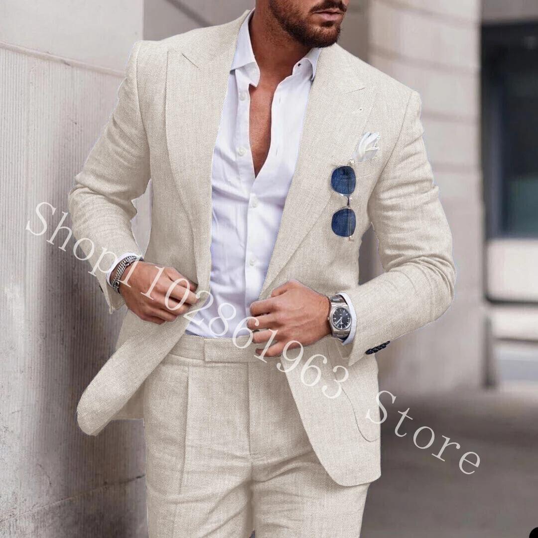 Costumes en lin blanc pour hommes, coupe couvertes, revers Patricia, meilleurs vêtements de marié, b