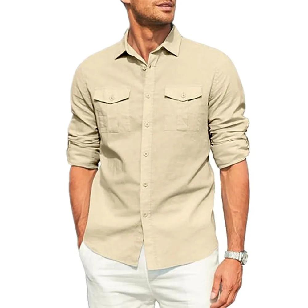 Chemise pour hommes Double poche coton lin chemise à manches longues décontracté chemise de vacances