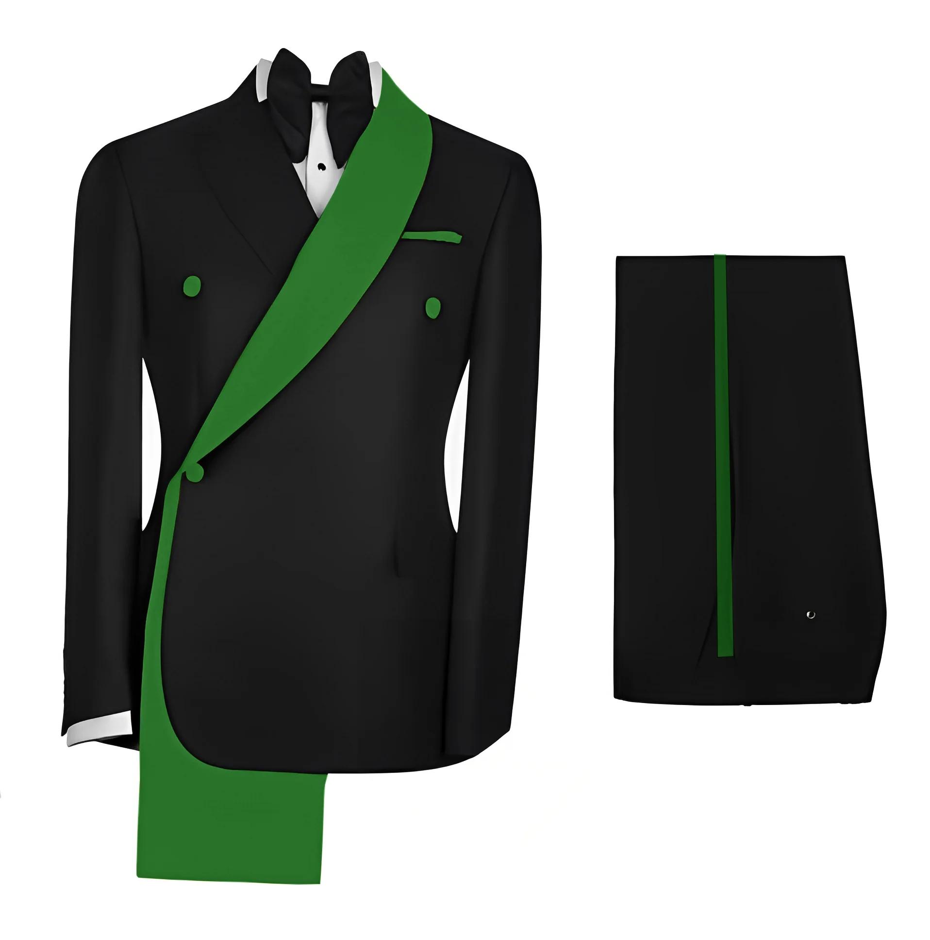 Costume 2 pièces pour hommes, ensemble veste noire avec col doré, smoking de marié de mariage, panta