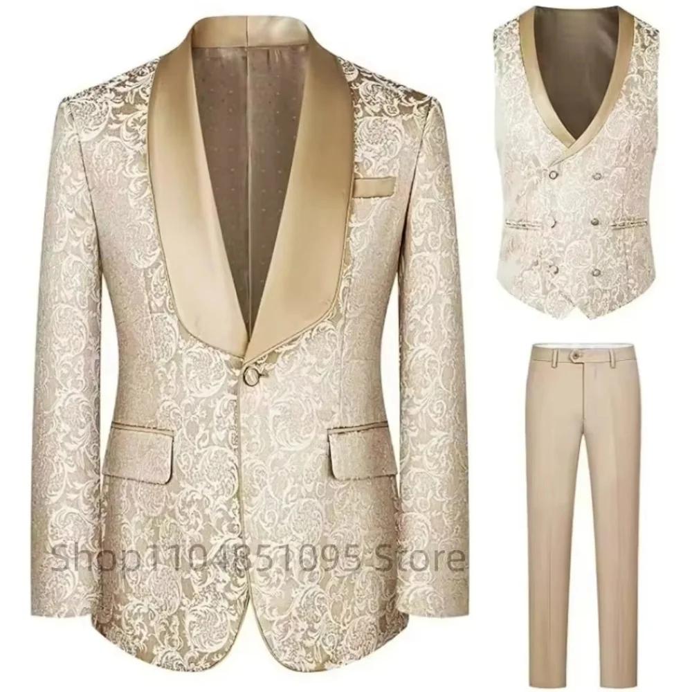 Costume de smoking formel 3 pièces en jacquard champagne pour homme avec blazer à revers châle, idéa