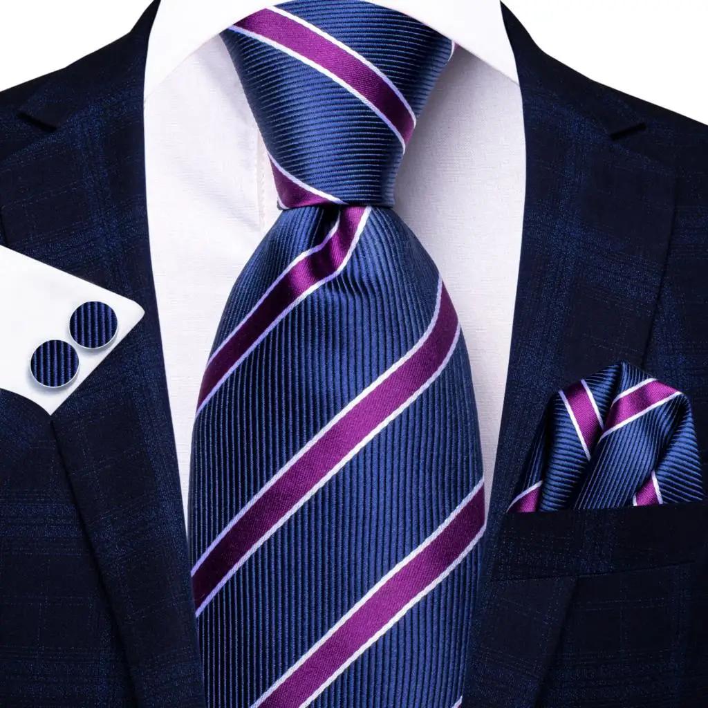 Cravates rayées pour hommes, boutons de manchette pratiques, bleu marine, violet, ensemble cravate d