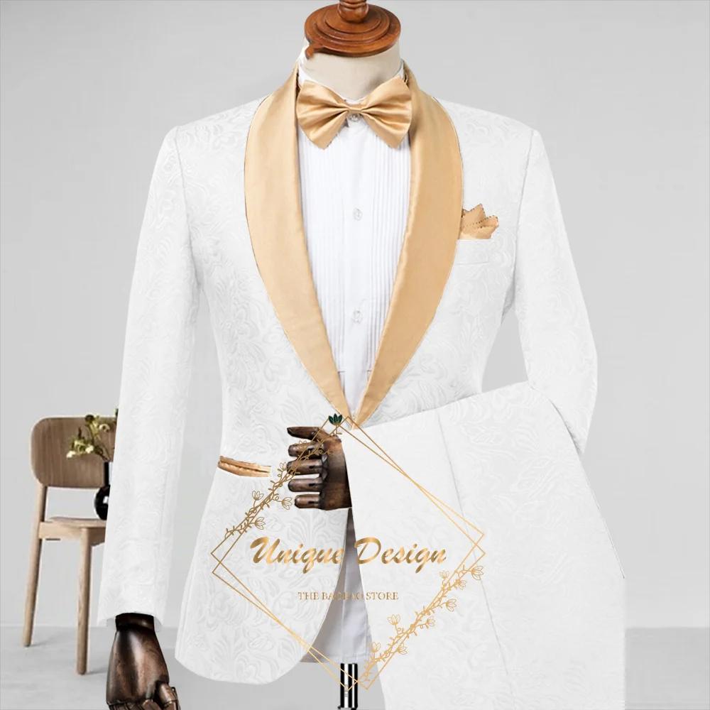 Costume Champagne pour hommes, ensemble 2 pièces en satin, châle, revers, veste jacquard, pantalon, 