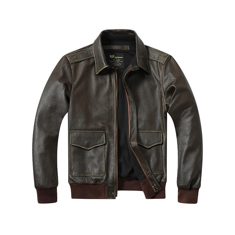 Veste en cuir Olive Vintage pour hommes, veste bombardier A2, couche supérieure en cuir de veau, Sty