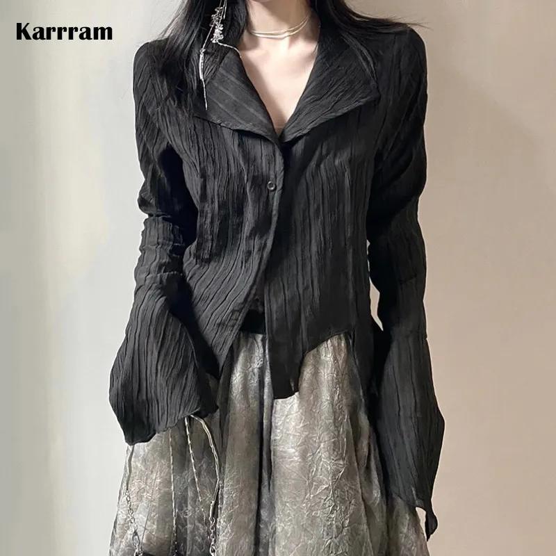 Karrram – chemise noire gothique, Style Yamamoto foncé, chemisier esthétique pour femmes, vêtements 